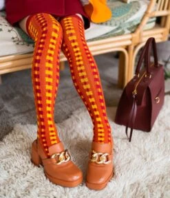 Orange Interlocking Plaid Knee High Socks