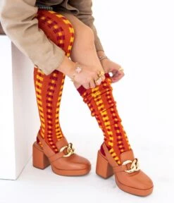 Orange Interlocking Plaid Knee High Socks -New Dress Store orange interlocking plaid knee high socks 801316