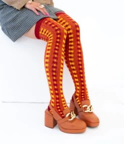 Orange Interlocking Plaid Knee High Socks -New Dress Store orange interlocking plaid knee high socks 924459