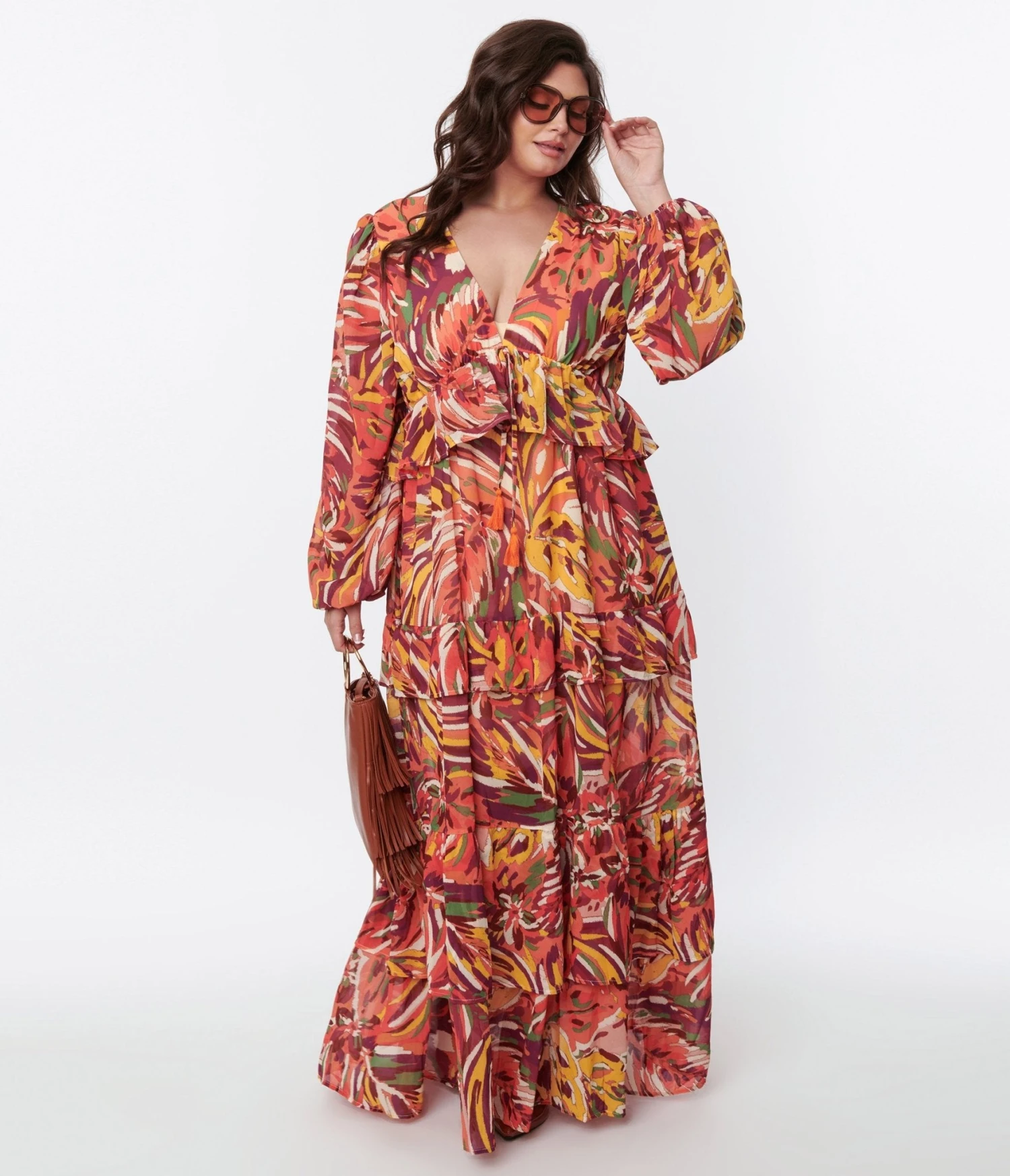 Orange & Multicolor Leaf Maxi Dress 1 Orange & Multicolor Leaf Maxi Dress