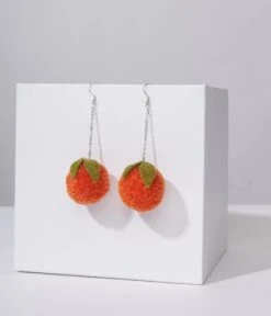 Orange Pom Pom Drop Earrings