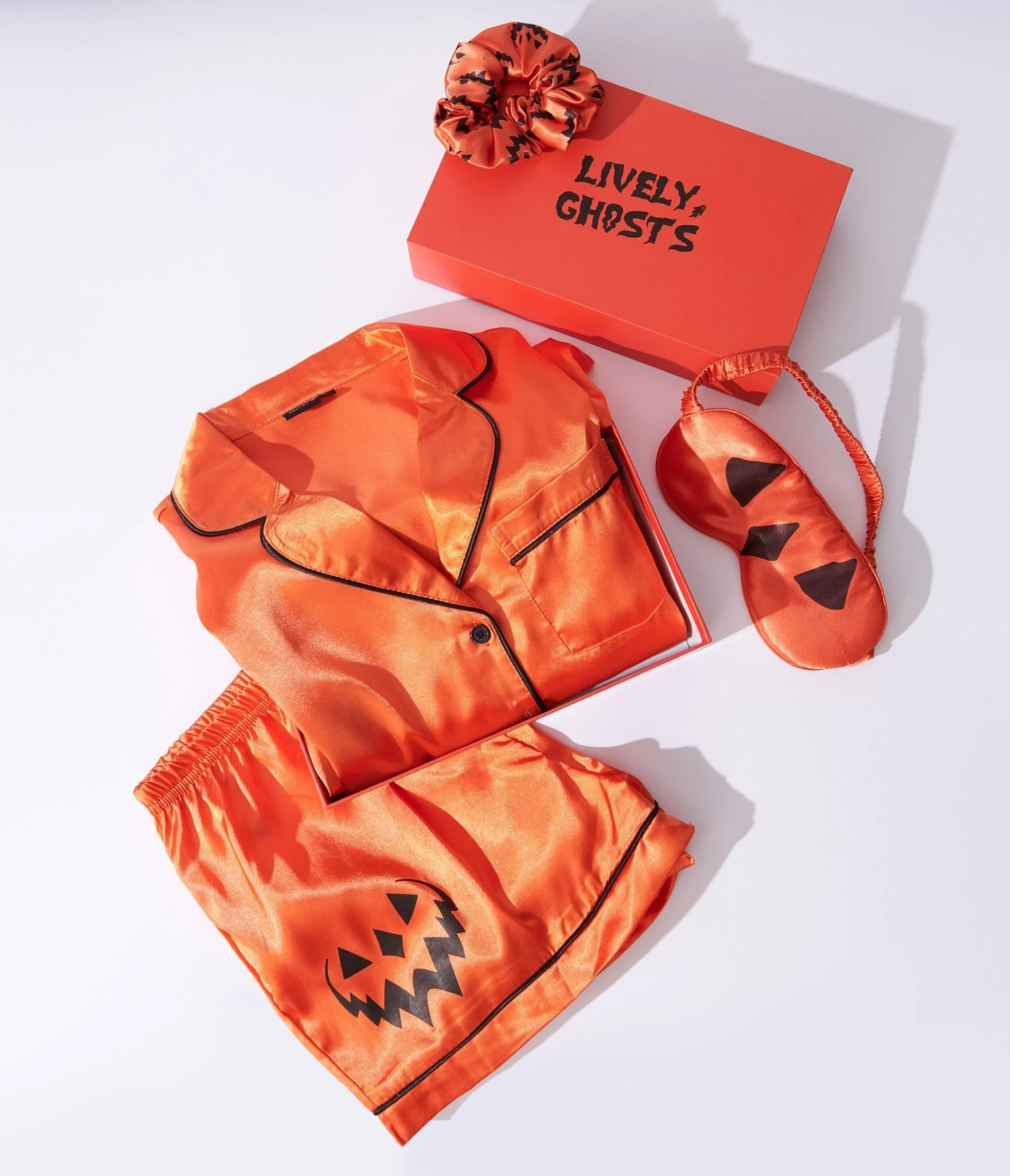 Orange Satin Haunted Hallows Samhain 4 Piece Sleepwear Set 1 Orange Satin Haunted Hallows Samhain 4 Piece Sleepwear Set