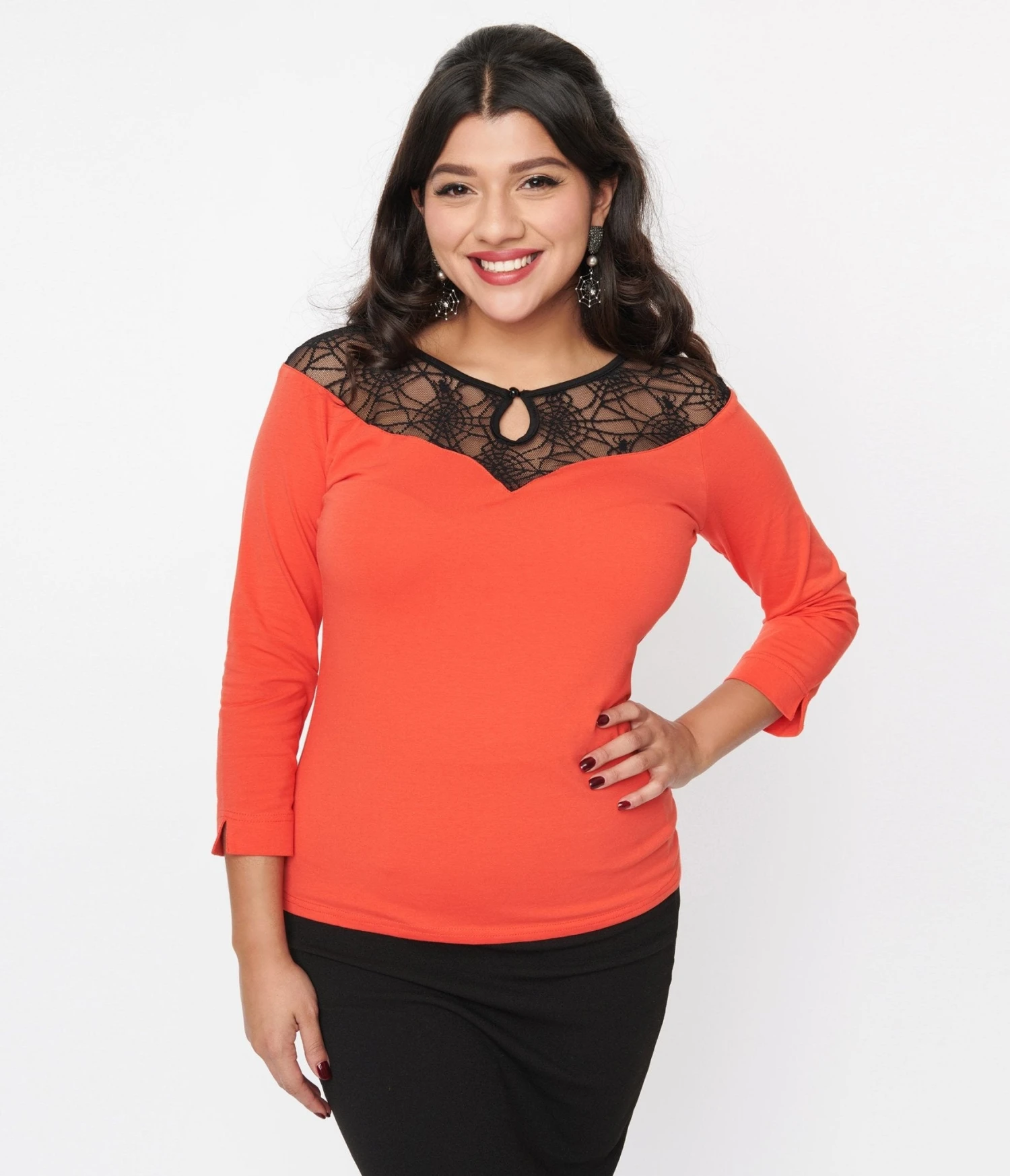 Orange Spiderweb Lace Collar Knit Top 2 Orange Spiderweb Lace Collar Knit Top - Image 2