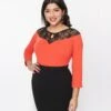 Orange Spiderweb Lace Collar Knit Top