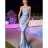 Cinderella Divine Paris Blue Satin Fitted Slip Bridesmaid Gown