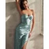 Cinderella Divine Paris Blue Satin Strapless Corset Lace Up Back Evening Gown