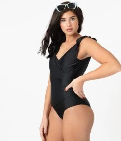 Pin-Up Style Black Ruffle One Piece Swimsuit