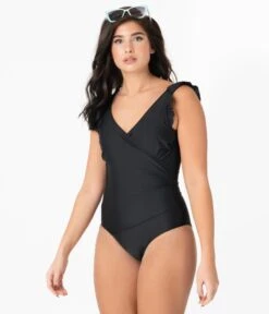 Pin-Up Style Black Ruffle One Piece Swimsuit -New Dress Store pin up style black ruffle one piece swimsuit 752261