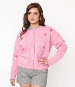 Pink Floral Cable Knit Cardigan