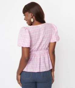Pink Gingham Puff Sleeve Top -New Dress Store pink gingham puff sleeve top 258794