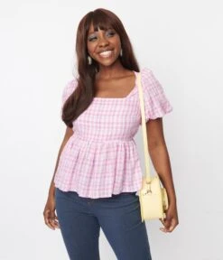 Pink Gingham Puff Sleeve Top -New Dress Store pink gingham puff sleeve top 804096