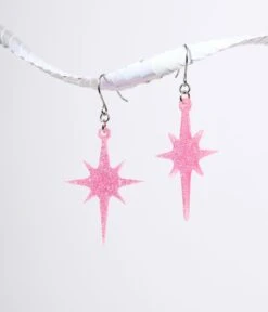 Pink Glitter Atomic Star Dangle Earrings