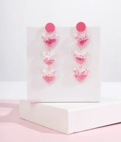 Pink Glitter Heart Drop Earrings