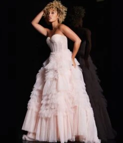 Jovani Pink Layered Ruffle Strapless Ball Gown -New Dress Store pink layered ruffle strapless ball gown 939916