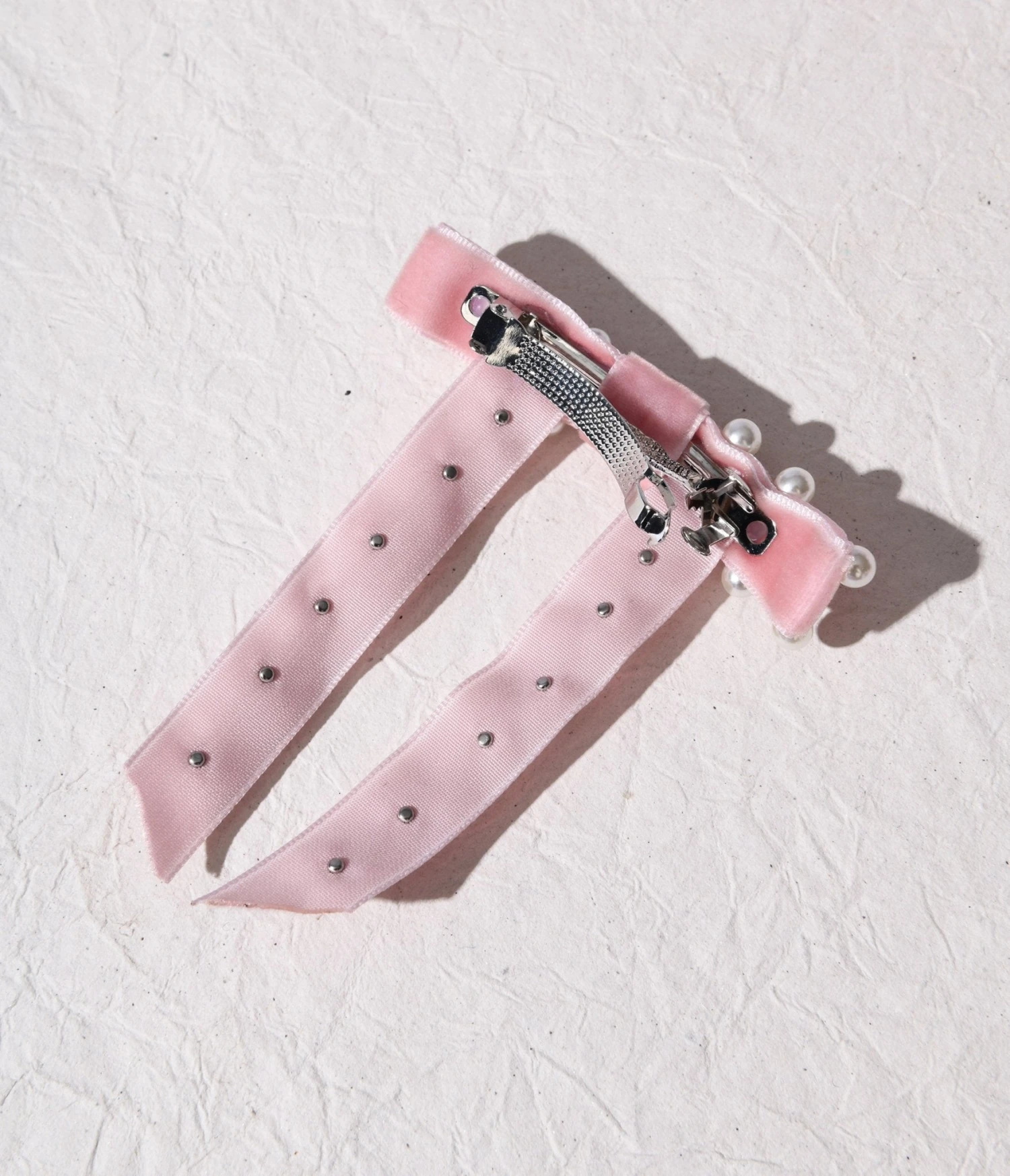 Pink Velvet & Pearl Bow Clip 3 Pink Velvet & Pearl Bow Clip - Image 3