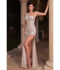 Cinderella Divine Platinum Sequin One Shoulder Slit Evening Gown