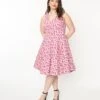 Plus Size 1950s Style Hot Pink Cat Print Sleeveless Swing Dress