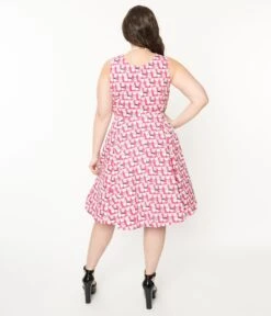 Plus Size 1950s Style Hot Pink Cat Print Sleeveless Swing Dress -New Dress Store plus size 1950s style hot pink cat print sleeveless swing dress 412040