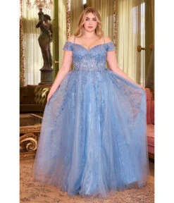 Cinderella Divine Plus Size Blue Glitter Tulle Off The Shoulder Applique Slit Gown