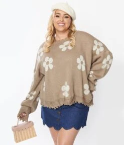 Plus Size Brown & Taupe Floral Distressed Sweater -New Dress Store plus size brown taupe floral distressed sweater 131488