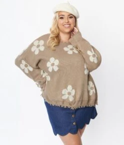 Plus Size Brown & Taupe Floral Distressed Sweater -New Dress Store plus size brown taupe floral distressed sweater 200032