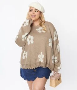 Plus Size Brown & Taupe Floral Distressed Sweater -New Dress Store plus size brown taupe floral distressed sweater 775886