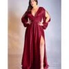 Cinderella Divine Plus Size Burgundy Satin Blouson Sleeve Evening Gown