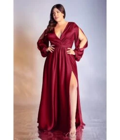 Cinderella Divine Plus Size Burgundy Satin Blouson Sleeve Evening Gown