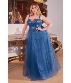 Cinderella Divine Plus Size Deep Blue Glitter Bodice & Tulle Prom Ball Gown