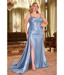 Cinderella Divine Plus Size Dusty Blue Sequin Applique & Ruched Satin Evening Gown