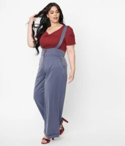 Plus Size Dusty Blue Suspender Pants