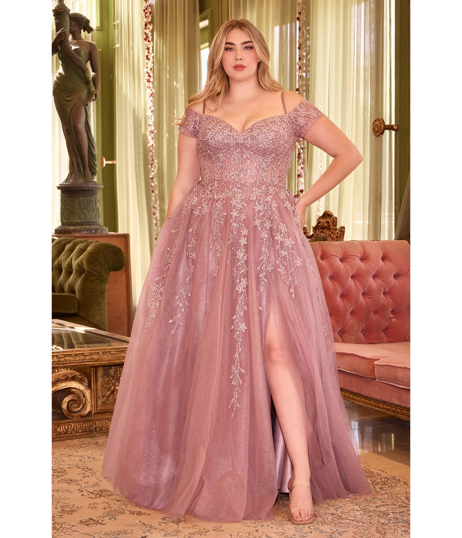 Cinderella Divine Plus Size Dusty Mauve Glitter Tulle Off The Shoulder Applique Slit Gown 1 Cinderella Divine Plus Size Dusty Mauve Glitter Tulle Off The Shoulder Applique Slit Gown