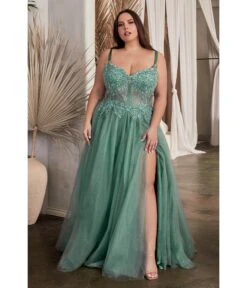Cinderella Divine Plus Size Dusty Teal Foliage Applique Corset Tulle Gown