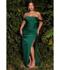 Cinderella Divine Plus Size Emerald Satin Draped Off The Shoulder Bridesmaid Dress
