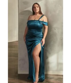 Cinderella Divine Plus Size French Navy Ruched Satin One Shoulder Evening Gown
