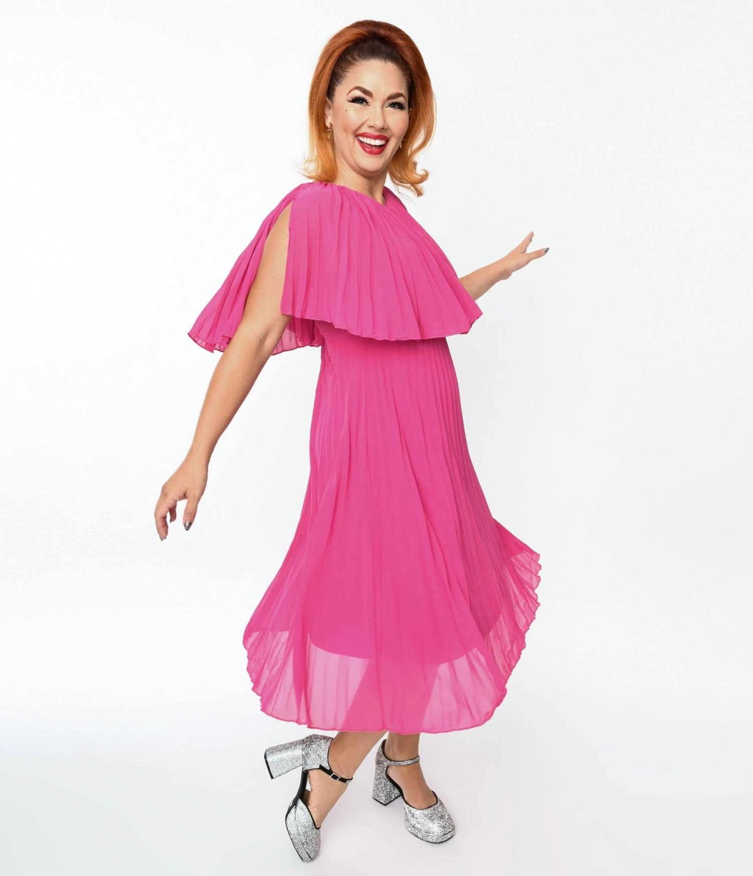 Plus Size Fuchsia Pleated Midi Dress 2 Plus Size Fuchsia Pleated Midi Dress - Image 2