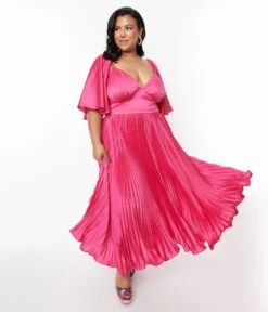 Plus Size Fuchsia Pleated Satin Maxi Dress
