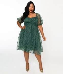 Plus Size Green & Velvet Polka Dot Babydoll Dress