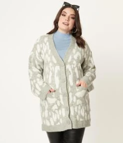 Plus Size Grey Leopard Print Long Cardigan