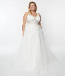 Plus Size Ivory Floral Lace & Tulle Wedding Ball Gown -New Dress Store plus size ivory floral lace tulle wedding ball gown 324253