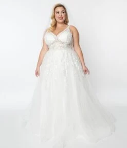Plus Size Ivory Floral Lace & Tulle Wedding Ball Gown