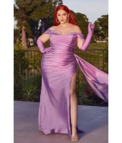 Cinderella Divine Plus Size Lilac Shimmering Off The Shoulder Bridesmaid Dress With Gloves