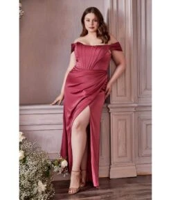 Cinderella Divine Plus Size Lipstick Divine Satin Corset Off-Shoulder Prom Dress