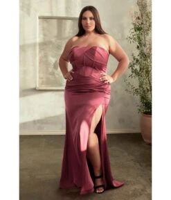 Cinderella Divine Plus Size Lipstick Satin Pleated Strapless Corset Evening Gown