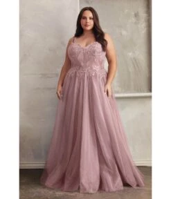 Cinderella Divine Plus Size Mauve Foliage Applique Corset Tulle Gown