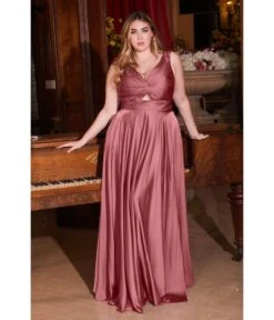 Cinderella Divine Plus Size Mauve Rose Satin Ruched Knotted Keyhole Evening Gown