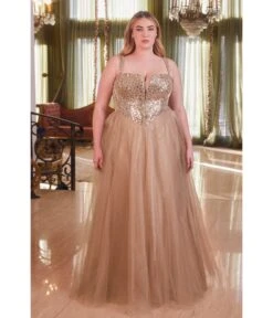 Cinderella Divine Plus Size Mocha Gold Glitter Bodice & Tulle Prom Ball Gown
