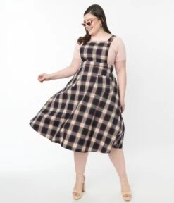 Plus Size Navy & Cream Plaid Pinafore Swing Skirt -New Dress Store plus size navy cream plaid pinafore swing skirt 815790