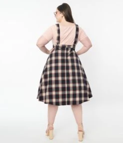 Plus Size Navy & Cream Plaid Pinafore Swing Skirt -New Dress Store plus size navy cream plaid pinafore swing skirt 903694