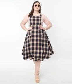 Plus Size Navy & Cream Plaid Pinafore Swing Skirt -New Dress Store plus size navy cream plaid pinafore swing skirt 946285